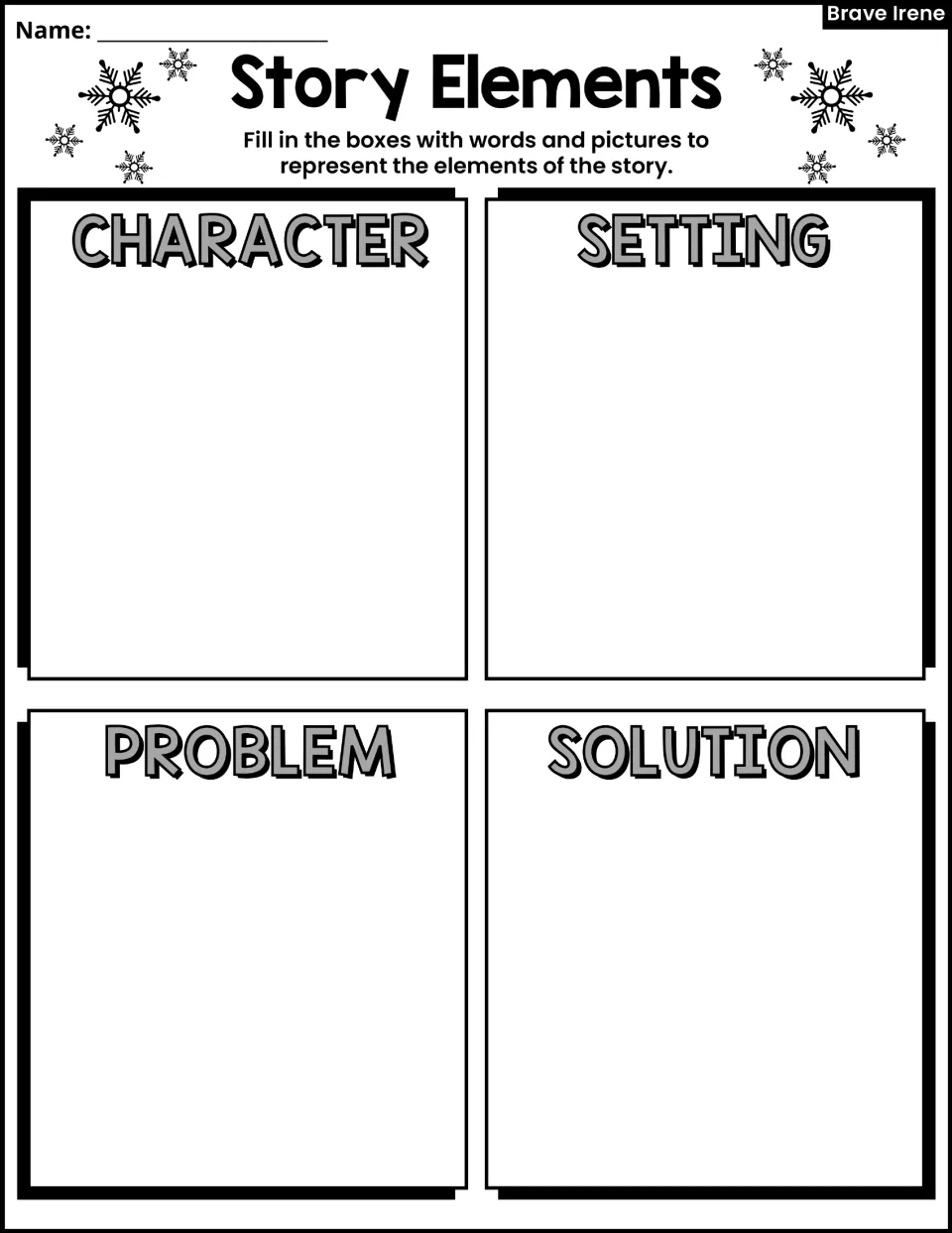 Story Elements activity asks students to represent character, setting, problem, and solution in words and pictures