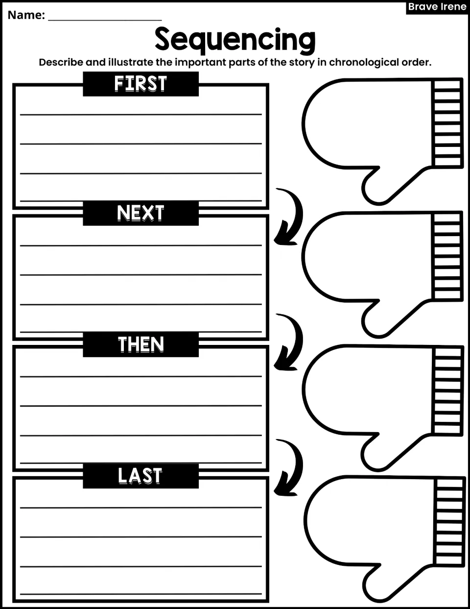 Sequencing activity asks students to describe and illustrate story events using First, Next, Then, and Last