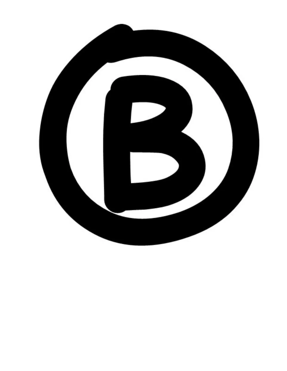 Black-and-white letter B, the first letter of the BRAVO bulletin board title for displaying student work