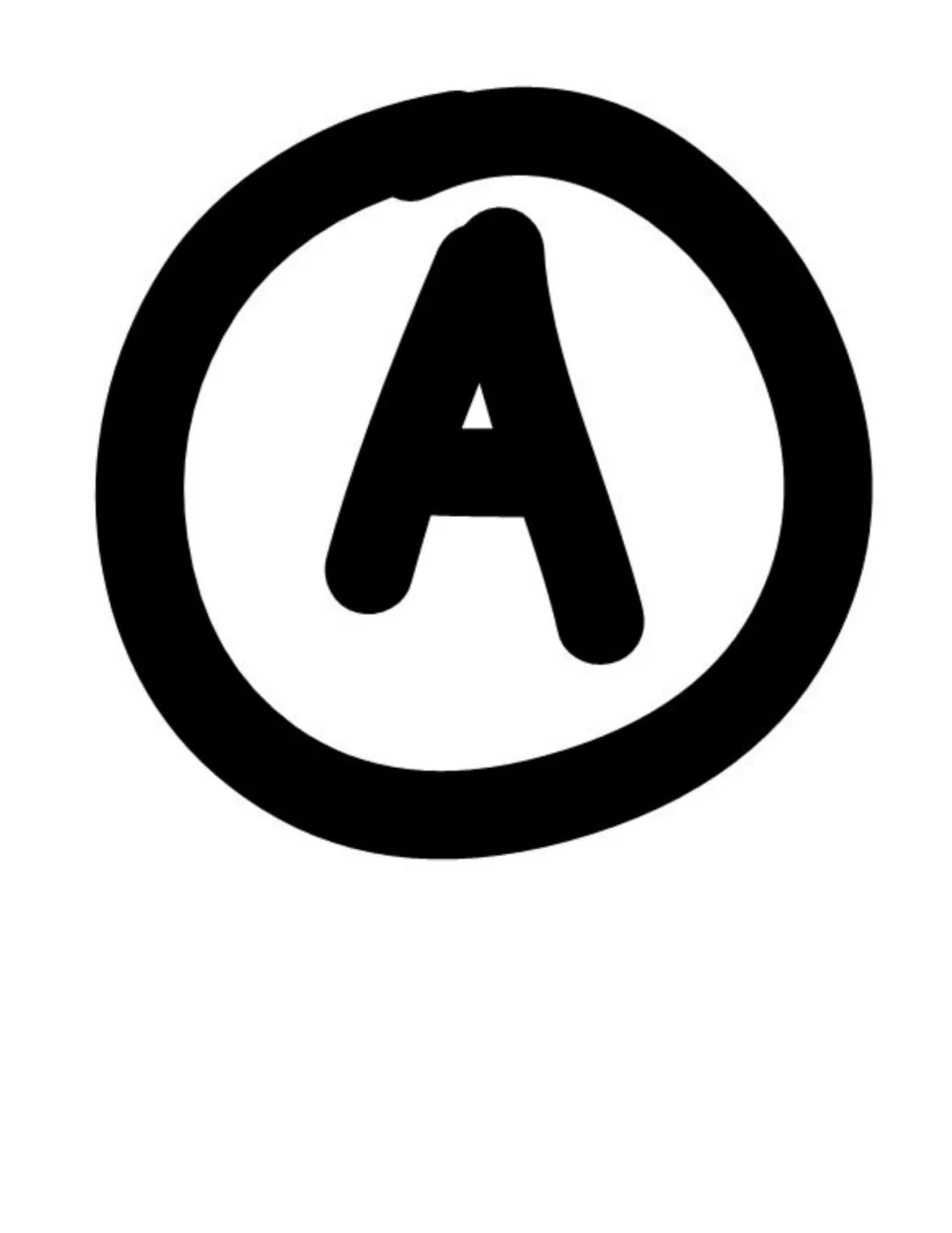 Black-and-white letter A, the third letter of the BRAVO bulletin board title for displaying student work