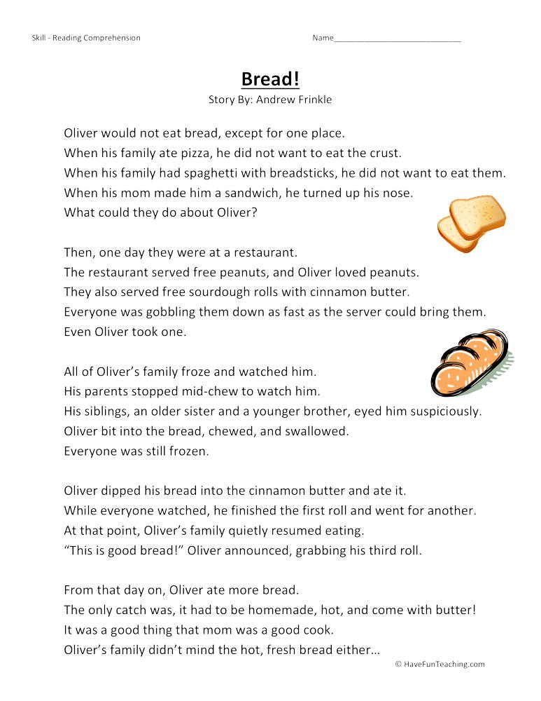 Bread! Reading Comprehension Worksheet by Teach Simple