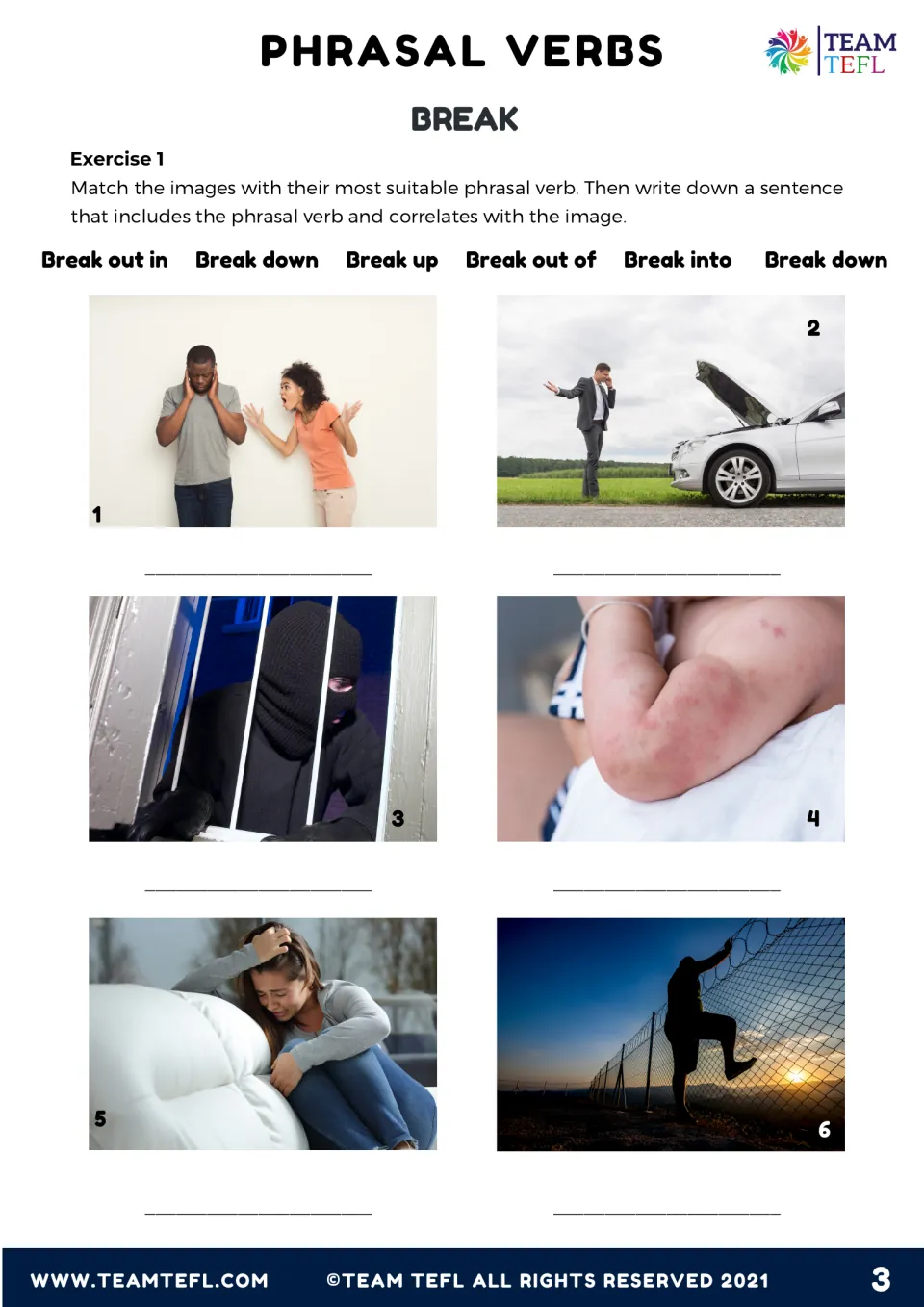 Exercise 1 picture matching: students match six photos to break phrasal verbs, then write a sentence for each image