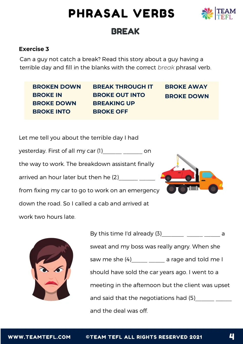 Exercise 3 story gap-fill, part one: students complete a man's terrible-day story using a word bank of break verb forms
