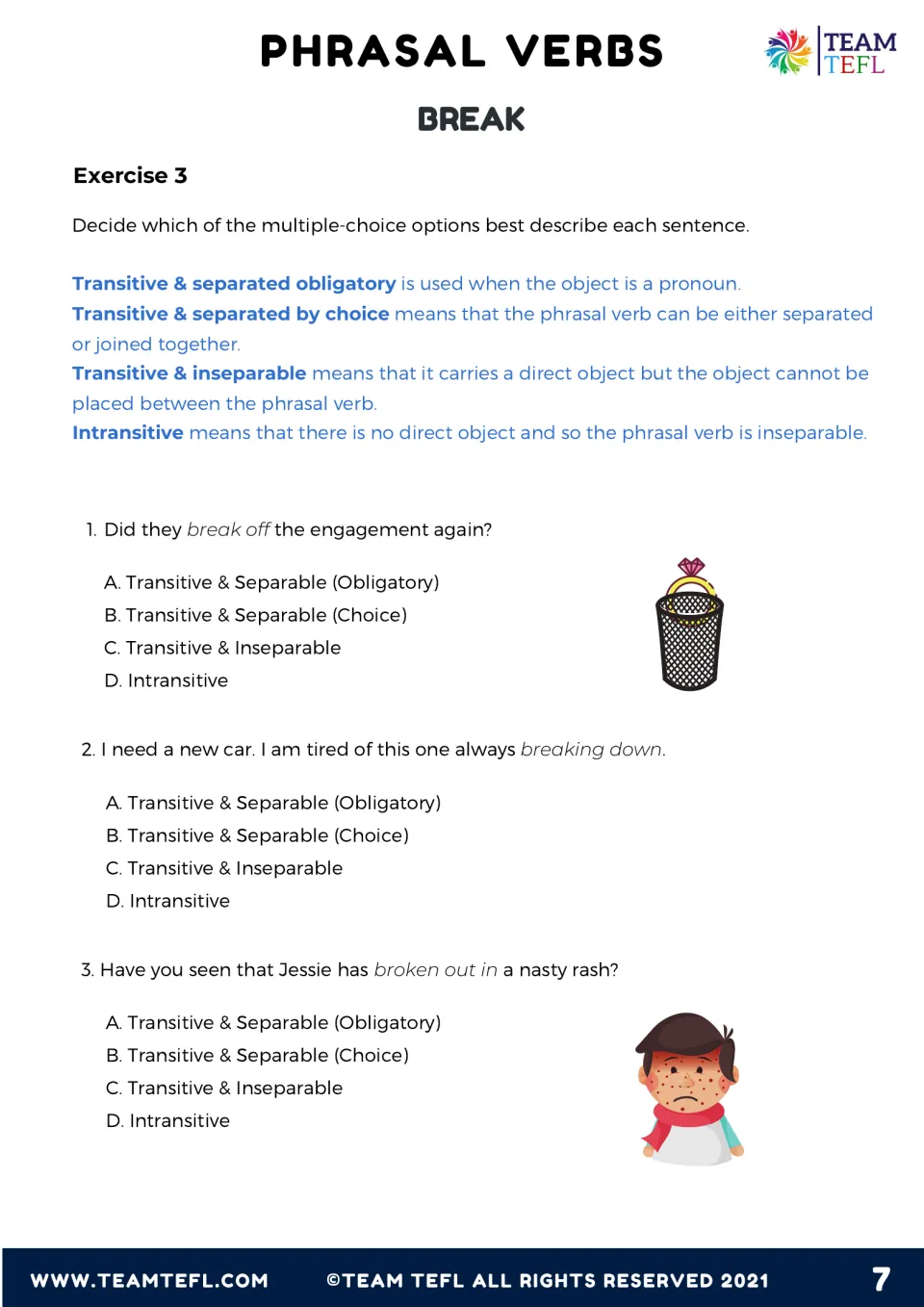 Exercise 3 multiple choice, items 1 to 3: students classify each break phrasal verb as transitive, separable or intransitive