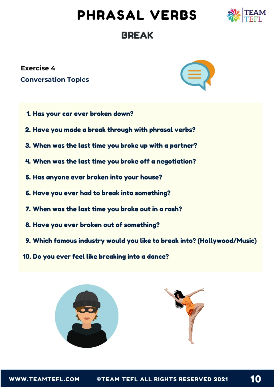 Exercise 4 conversation topics: ten personal discussion questions about car trouble, breakups, burglary, rashes and dancing