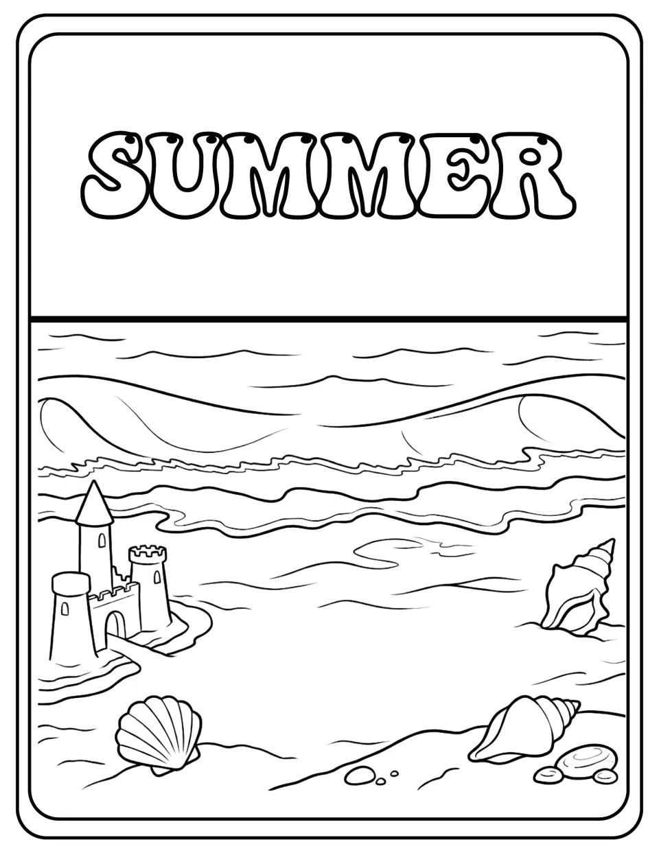 Summer busy book cover: bubble-letter SUMMER title over a beach scene with a sandcastle, waves and seashells to color