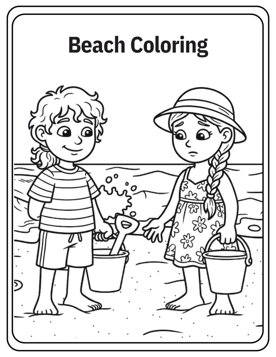Beach Coloring: children color two kids standing on the sand by the sea, each holding a bucket, one with a shovel