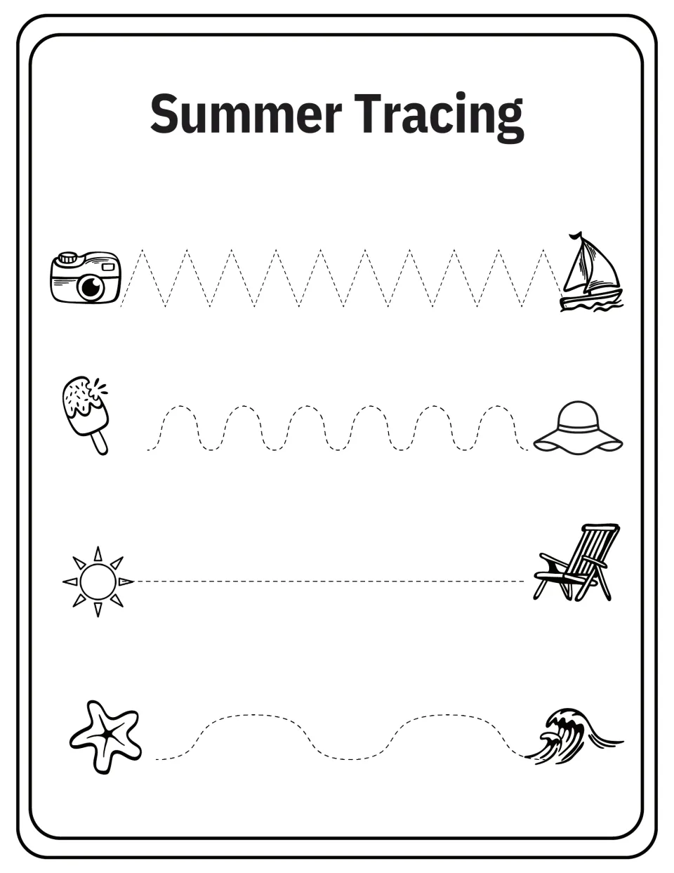 Summer Tracing pre-writing practice: trace zigzag, wavy, straight and curved paths linking pairs of beach pictures