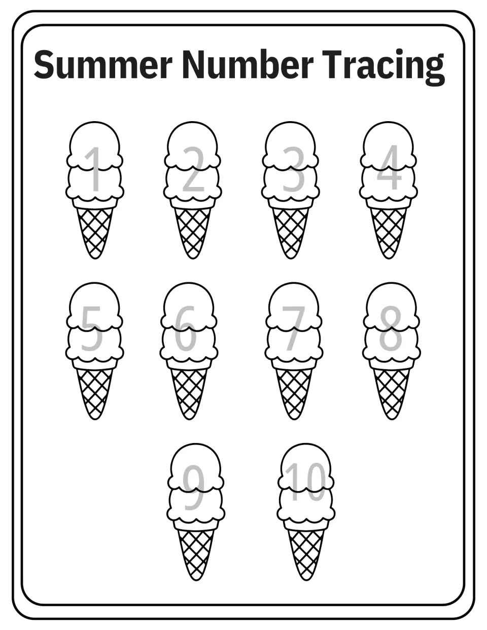 Summer Number Tracing: children trace the gray numerals 1 to 10 printed on ten ice cream cones for number writing