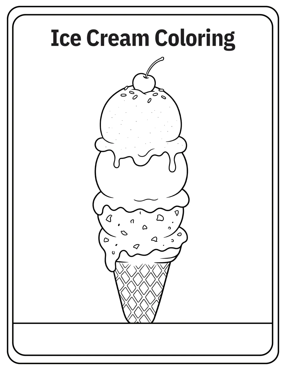 Ice Cream Coloring: a tall four-scoop ice cream cone topped with a cherry and sprinkles for children to color in