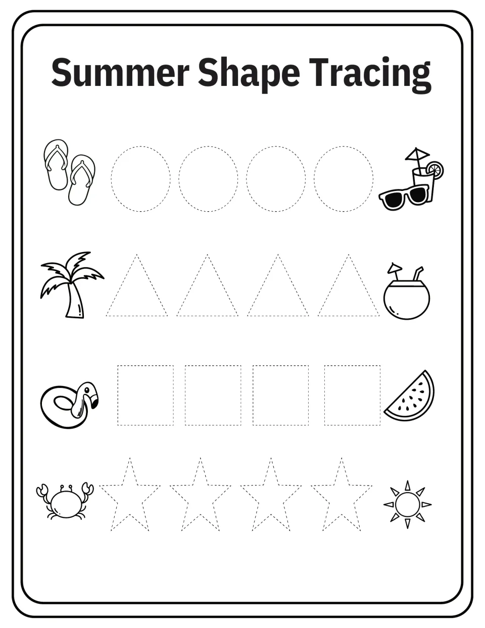 Summer Shape Tracing: children trace rows of dotted circles, triangles, squares and stars beside beach-themed icons