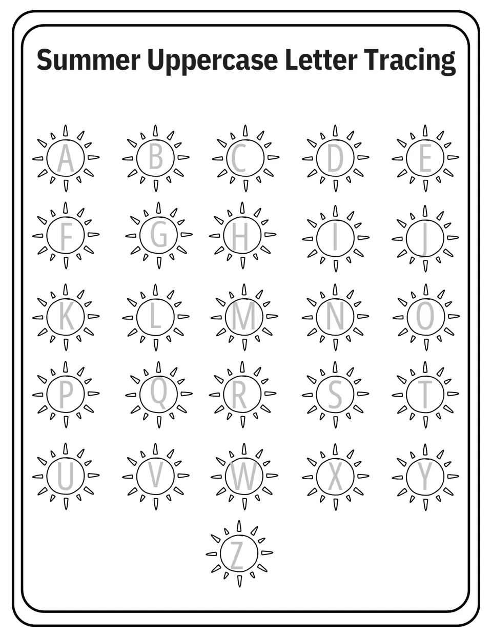 Summer Uppercase Letter Tracing: children trace the gray capital letters A to Z, each set inside a doodled sun