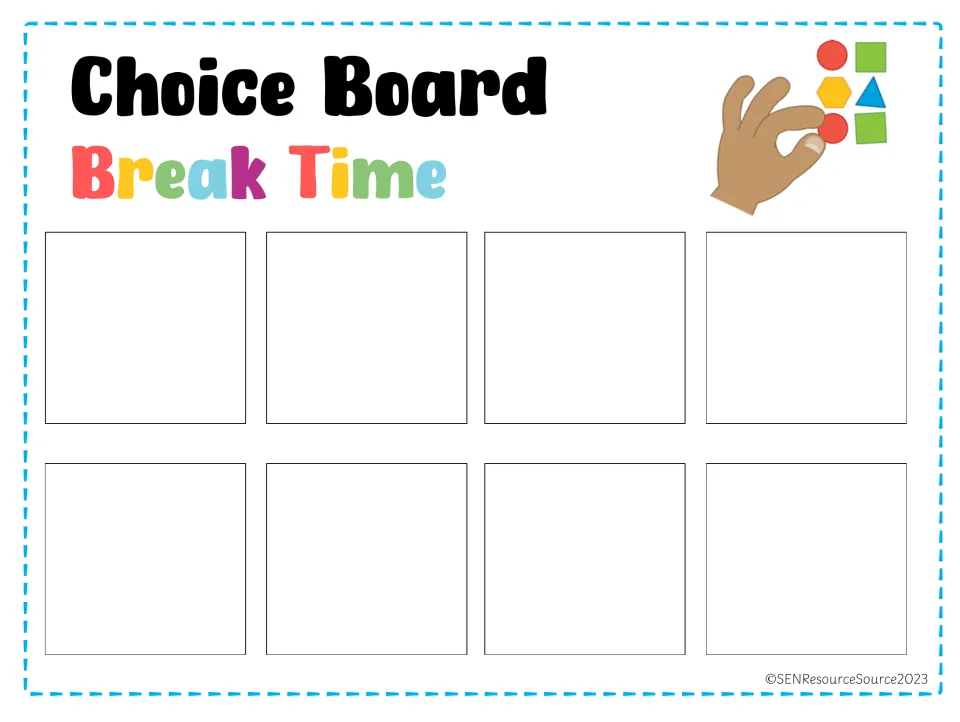 Break Time choice mat: students place up to eight activity picture cards to show what they choose