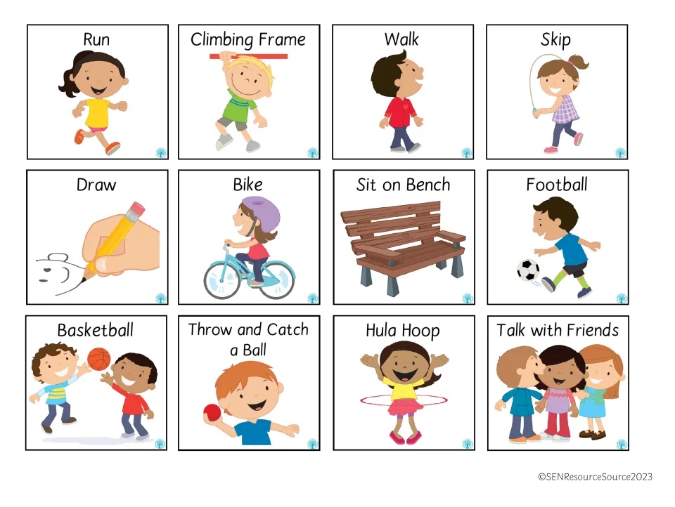 12 break activity picture cards, such as run, skip, bike, draw, football, hula hoop and talk with friends