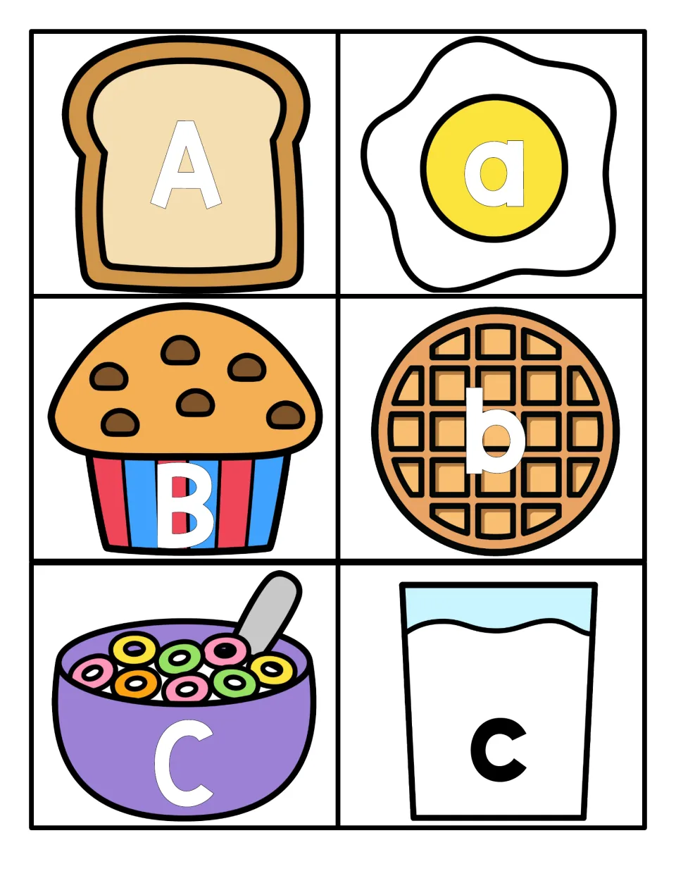 Letters Aa, Bb, Cc: uppercase on toast, muffin and cereal cards, lowercase on egg, waffle and milk for letter matching