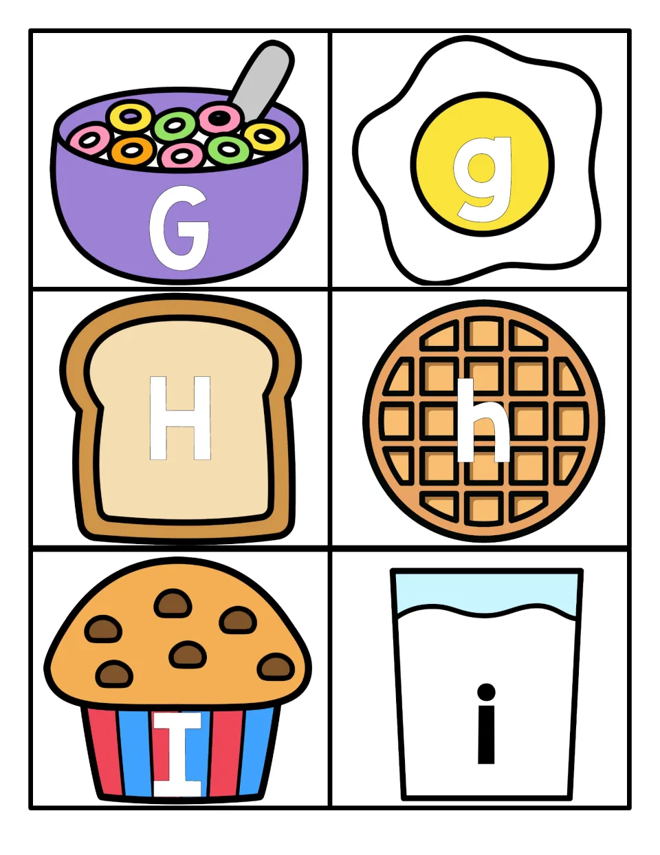 Letters Gg, Hh, Ii: G on cereal, g on an egg, H on toast, h on a waffle, I on a muffin and i on milk to pair up by case