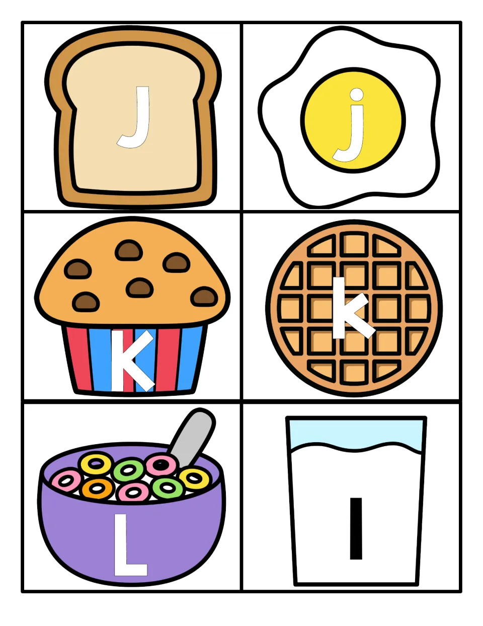 Letters Jj, Kk, Ll: J on toast, j on an egg, K on a muffin, k on a waffle, L on cereal and l on milk for case matching