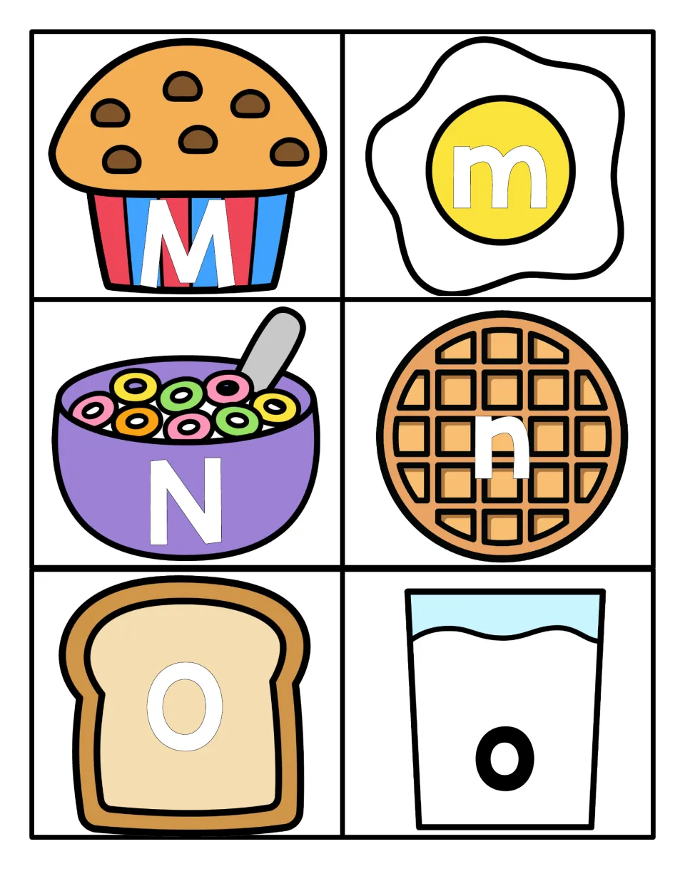 Letters Mm, Nn, Oo: M on a muffin, m on an egg, N on cereal, n on a waffle, O on toast and o on milk, for matching cases