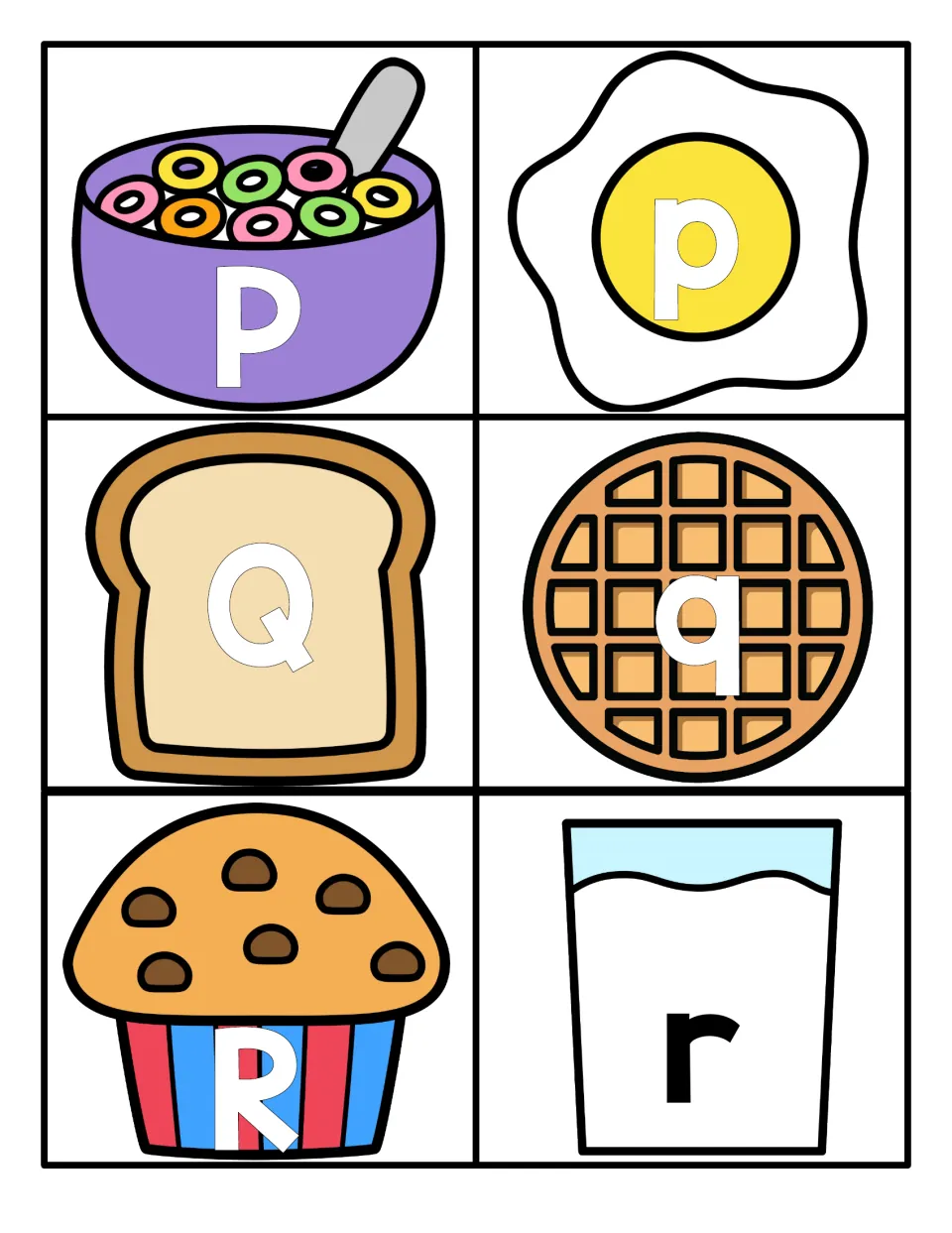 Letters Pp, Qq, Rr: P on cereal, p on an egg, Q on toast, q on a waffle, R on a muffin and r on milk to pair up by case