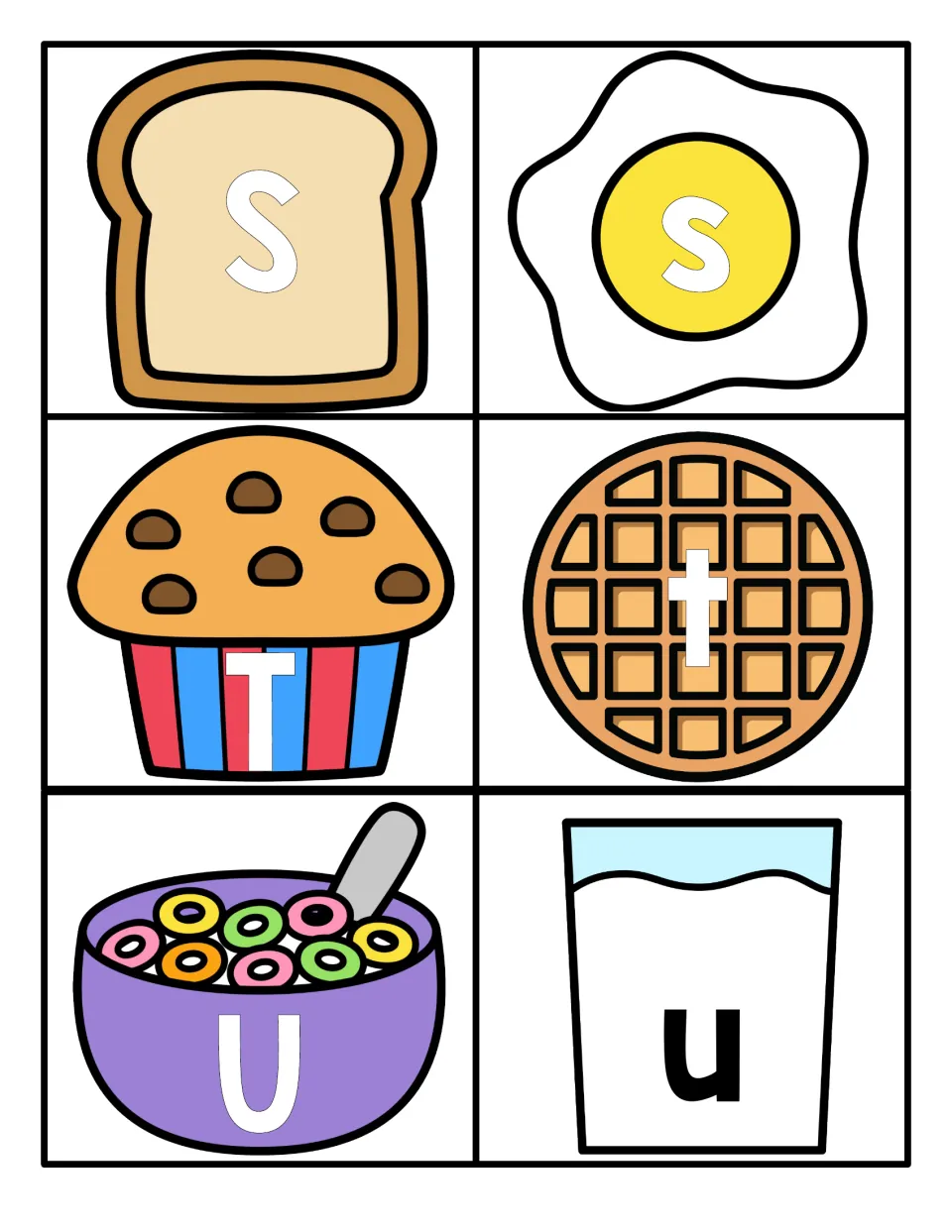 Letters Ss, Tt, Uu: S on toast, s on an egg, T on a muffin, t on a waffle, U on cereal and u on milk for case matching
