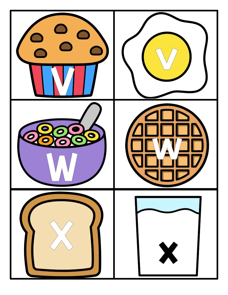 Letters Vv, Ww, Xx: V on a muffin, v on an egg, W on cereal, w on a waffle, X on toast and x on milk, for matching cases
