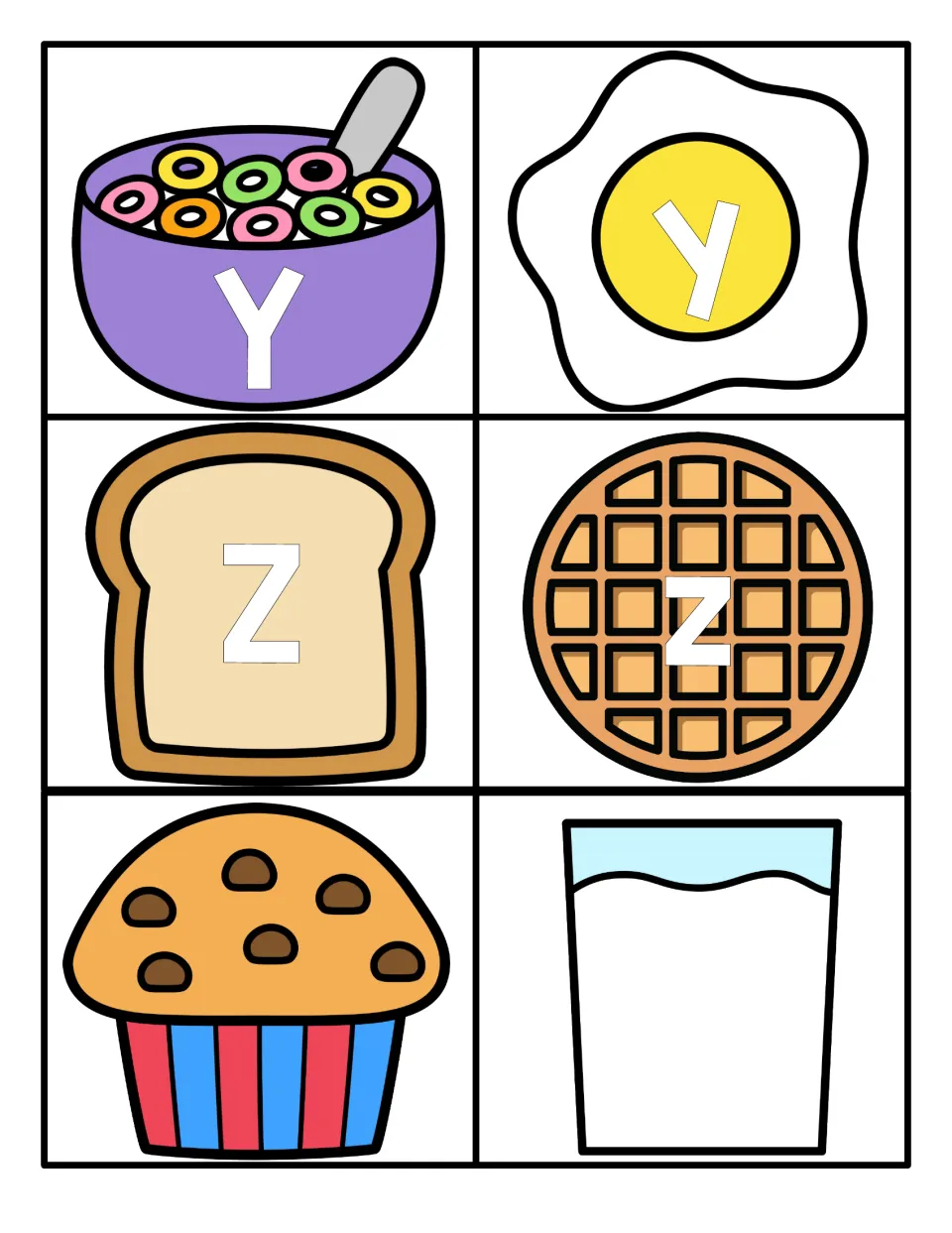 Last letters Yy and Zz: Y on cereal, y on an egg, Z on toast, z on a waffle, plus blank muffin and milk cards
