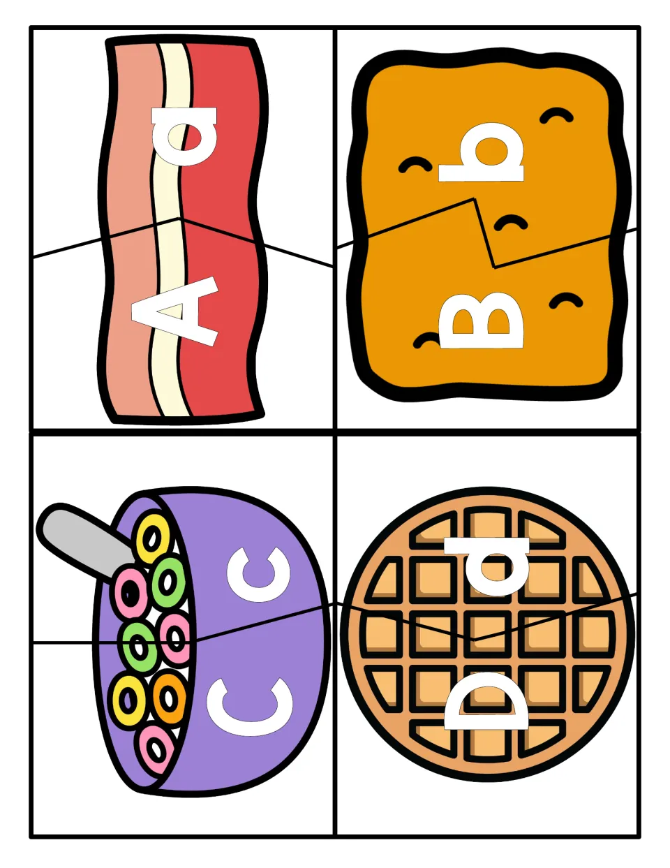 Letter matching for A to D: students join two-piece bacon, toast, cereal and waffle puzzles, uppercase to lowercase