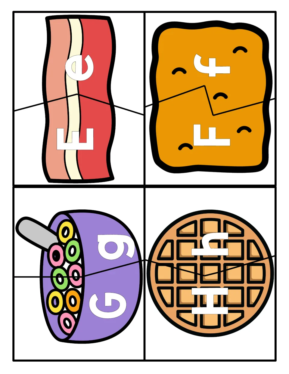 E to H letter pairs: students fit capital-letter pieces to lowercase partners on bacon, toast, cereal and waffle cards