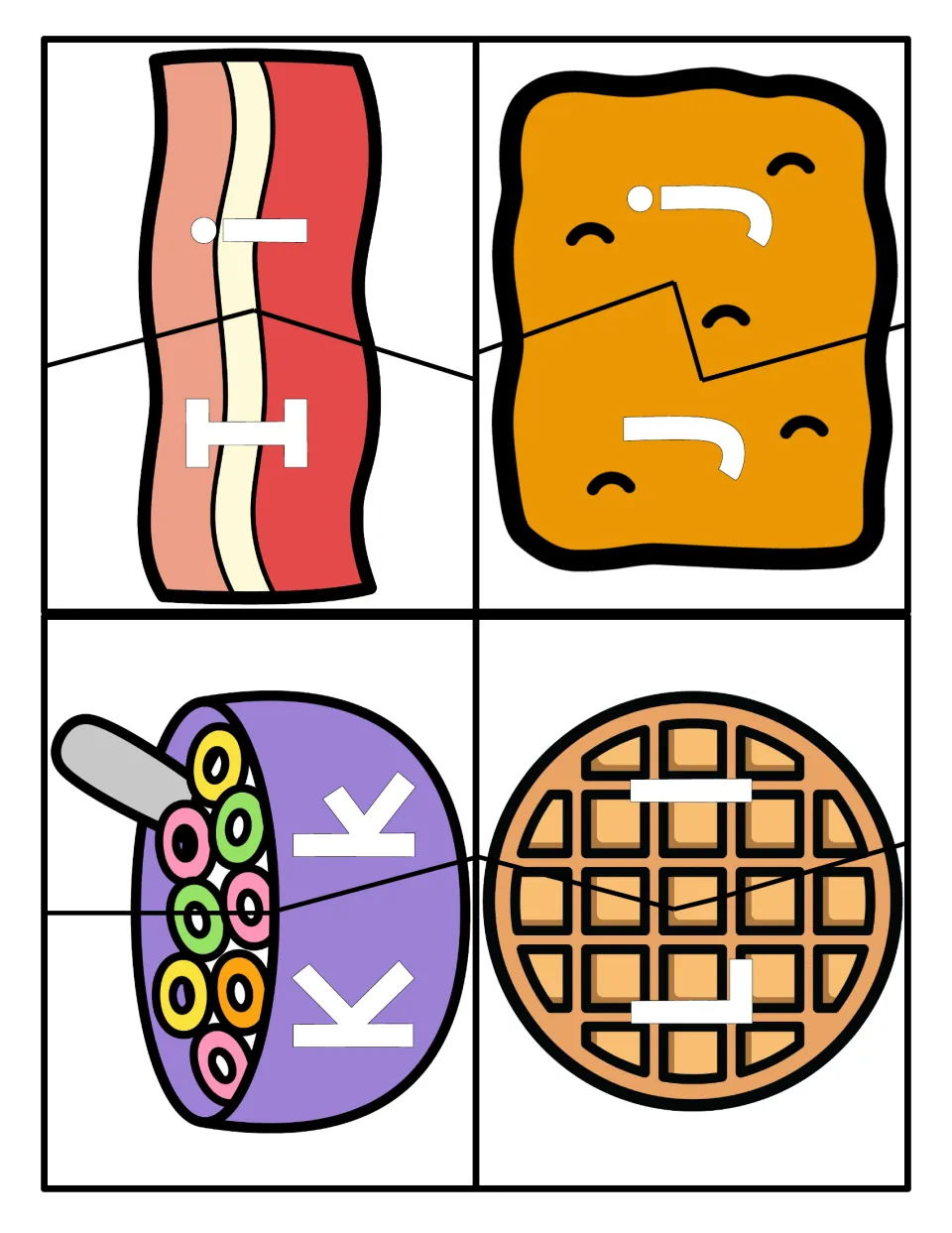 Letters I to L: children fit the capital half of each breakfast food card to its lowercase half to match letter pairs