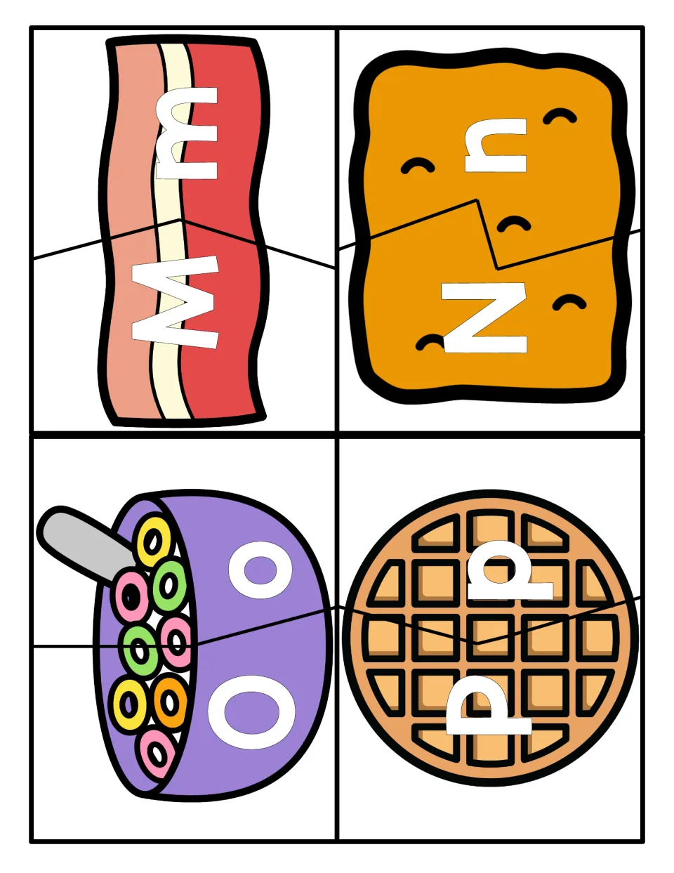 Matching M to P: learners put together bacon, toast, cereal bowl and waffle pieces showing M/m, N/n, O/o and P/p