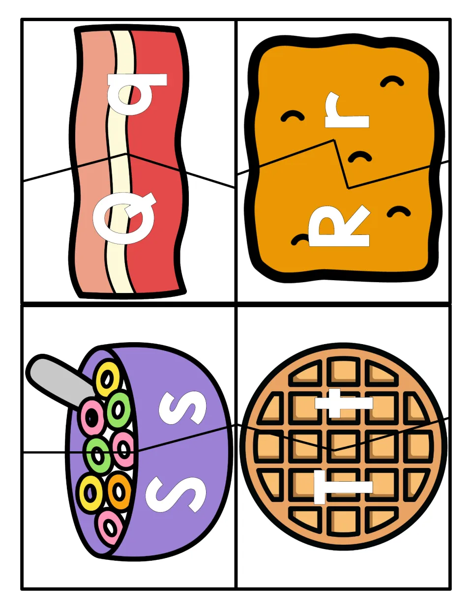 Letter pairs Q to T: students link the capital and small letter halves of Q/q bacon, R/r toast, S/s cereal and T/t waffle
