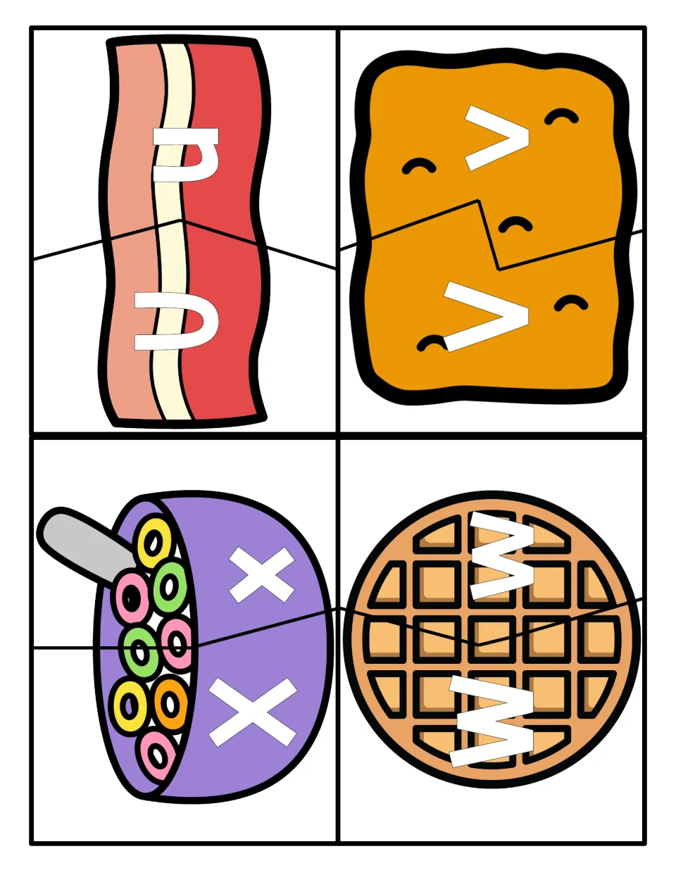 Letters U to X: students match uppercase and lowercase halves on U/u bacon, V/v toast, X/x cereal and W/w waffle cards