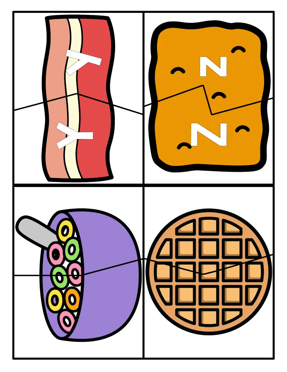Letters Y and Z: students match halves of bacon and toast cards; cereal and waffle cards are left blank with no letters