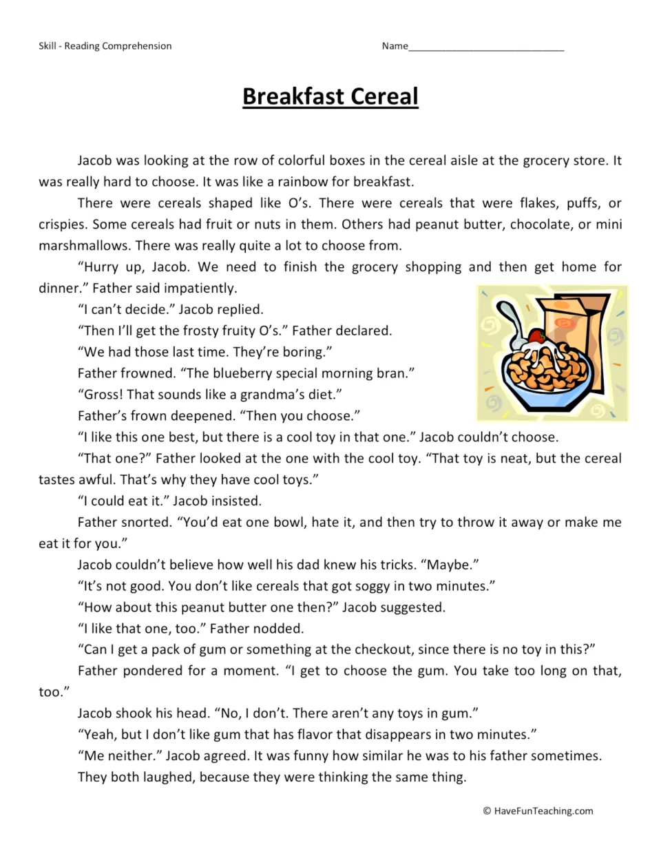 Reading passage about Jacob and his father choosing cereal at the grocery store and agreeing on peanut butter.