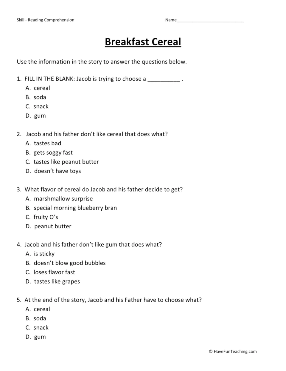 Five comprehension questions about Jacob's cereal choice, soggy cereal, gum flavor, and what he chooses next.