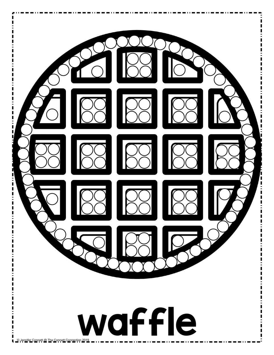 Waffle dot painting page: students dab a dot marker on each circle in the waffle squares and rim, then read the word waffle