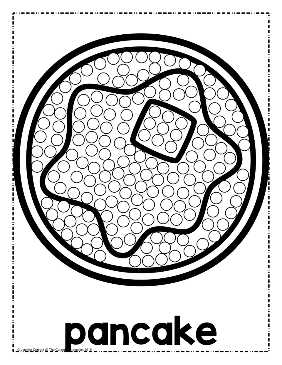 Pancake dot art: children stamp dots across a round pancake topped with syrup and a pat of butter, labeled pancake
