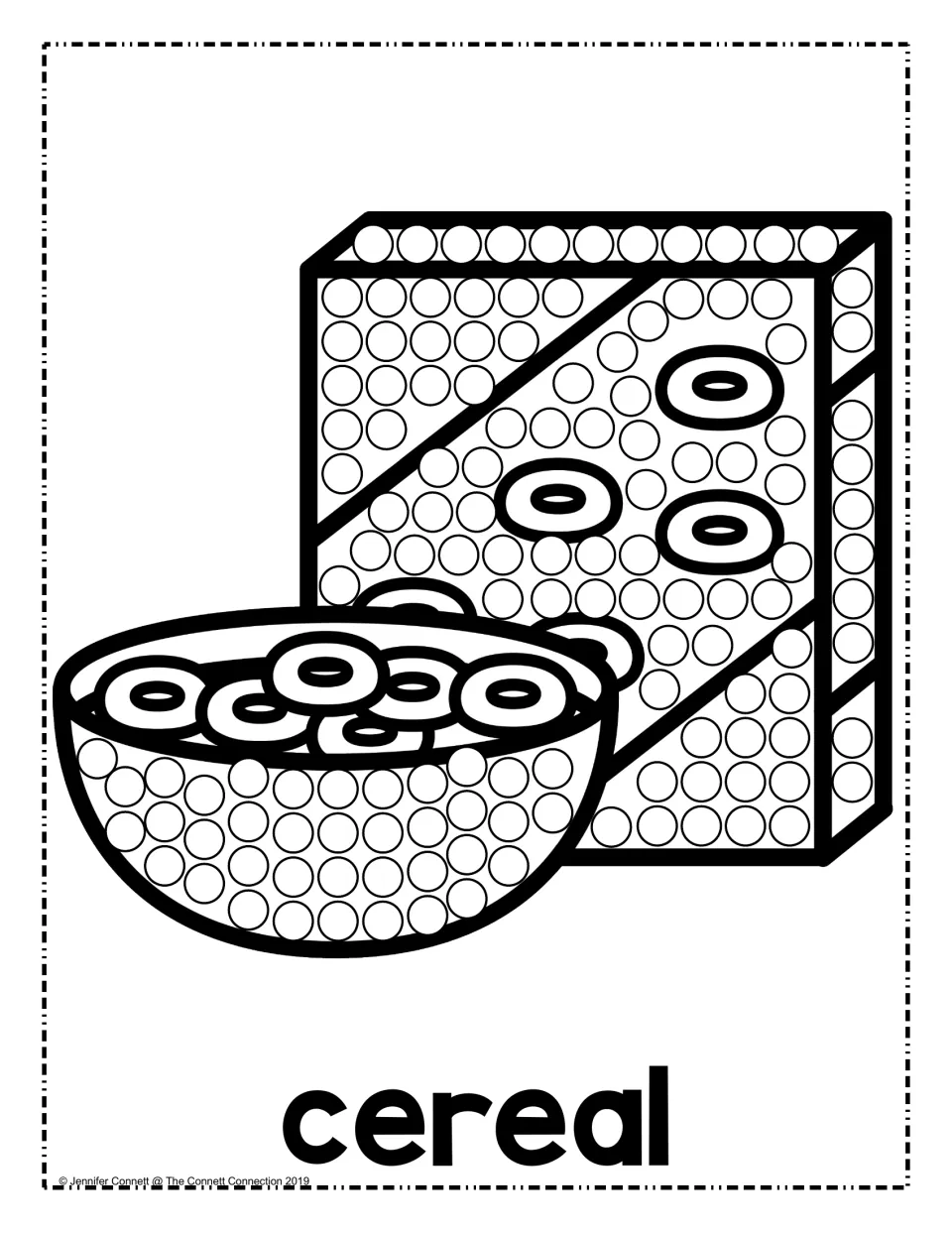 Cereal dot page: students dab dots on a cereal box and a bowl of cereal rings, with the word cereal printed below