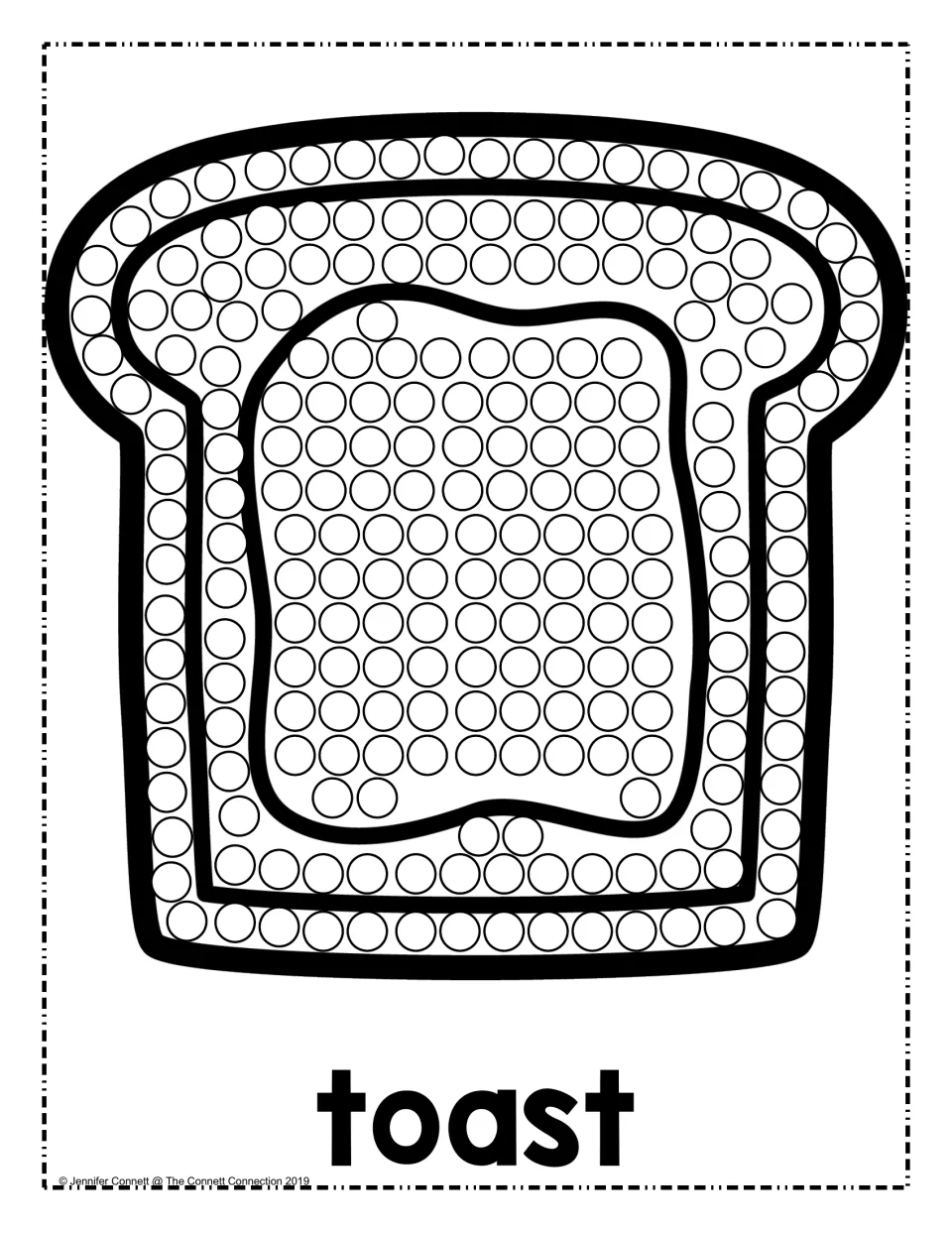 Toast dot activity: children fill each circle on a slice of bread with a spread layer using a dot marker; word: toast