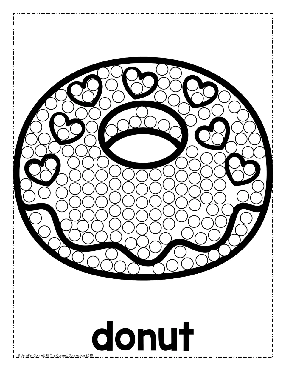 Donut dot art: students stamp dots on a frosted donut with drips and heart sprinkles, labeled with the word donut