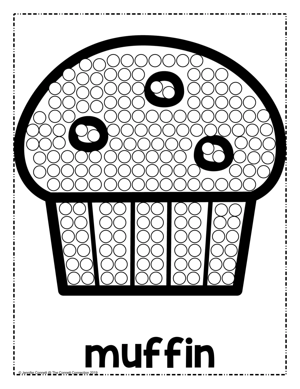 Muffin dot page: children dab dots on a muffin top with berries and its striped paper liner, with the word muffin below