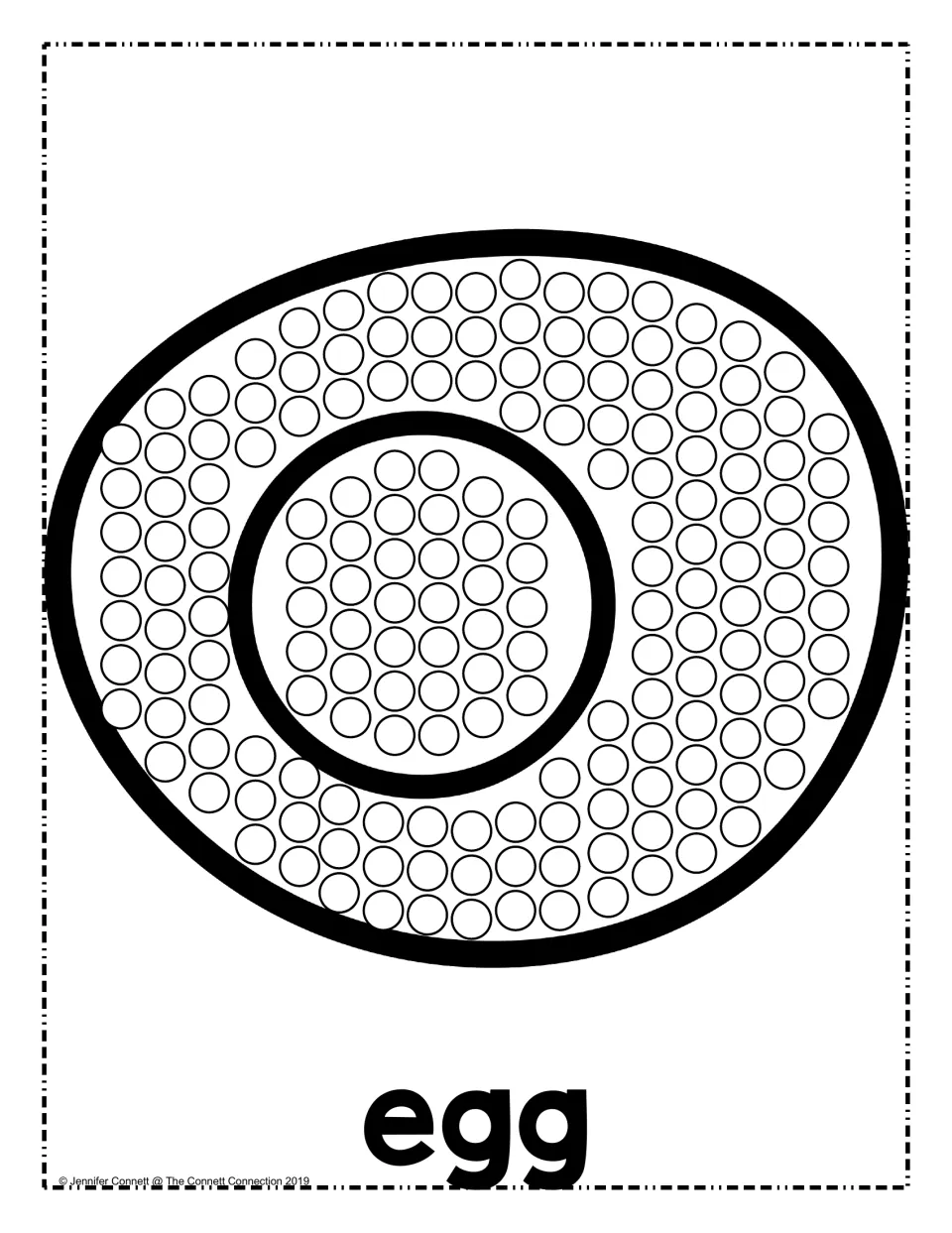 Fried egg dot activity: students dot the egg white and the round yolk circle by circle, labeled with the word egg