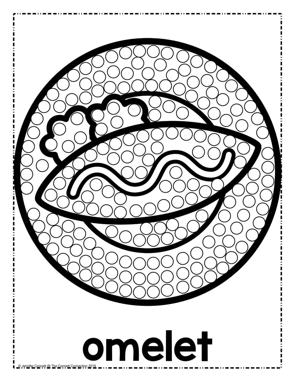Omelet dot art: children stamp dots on a folded omelet with a garnish, set on a round plate, labeled omelet