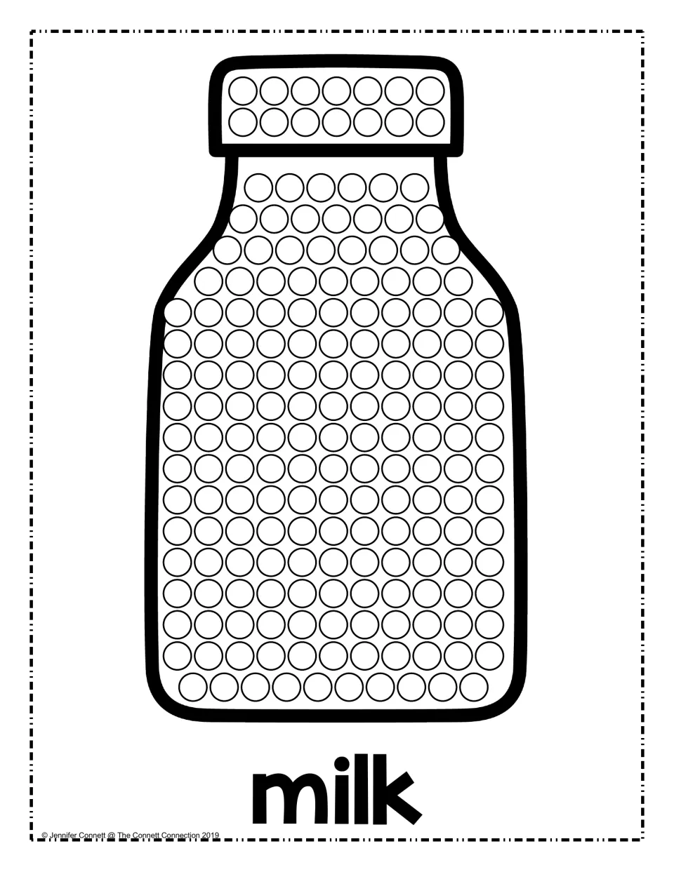 Milk bottle dot page: students fill rows of circles on the bottle and cap with dot marker dabs; word: milk