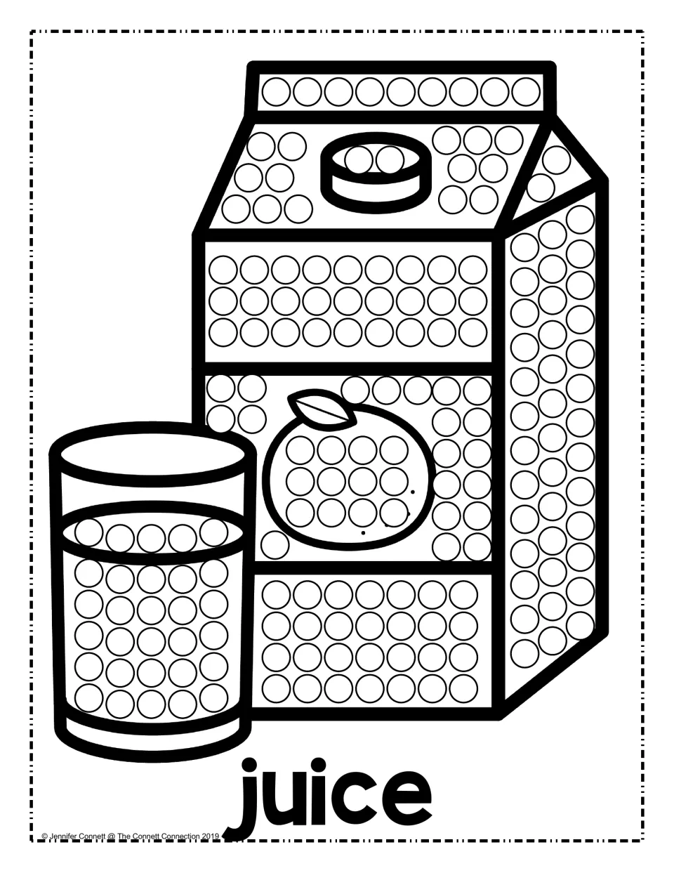 Juice dot activity: children dab dots on an orange juice carton and a full glass of juice, labeled with the word juice