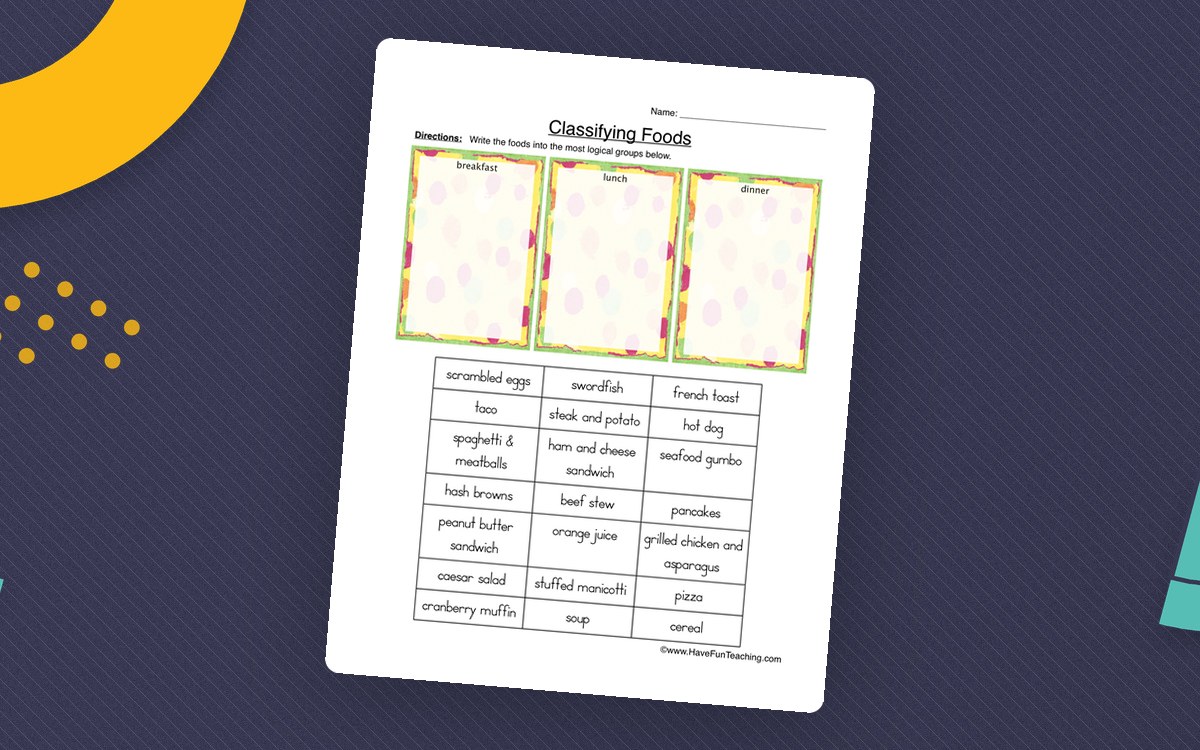 Breakfast, Lunch, or Dinner Classifying Food Worksheet preview: One meal-classification worksheet