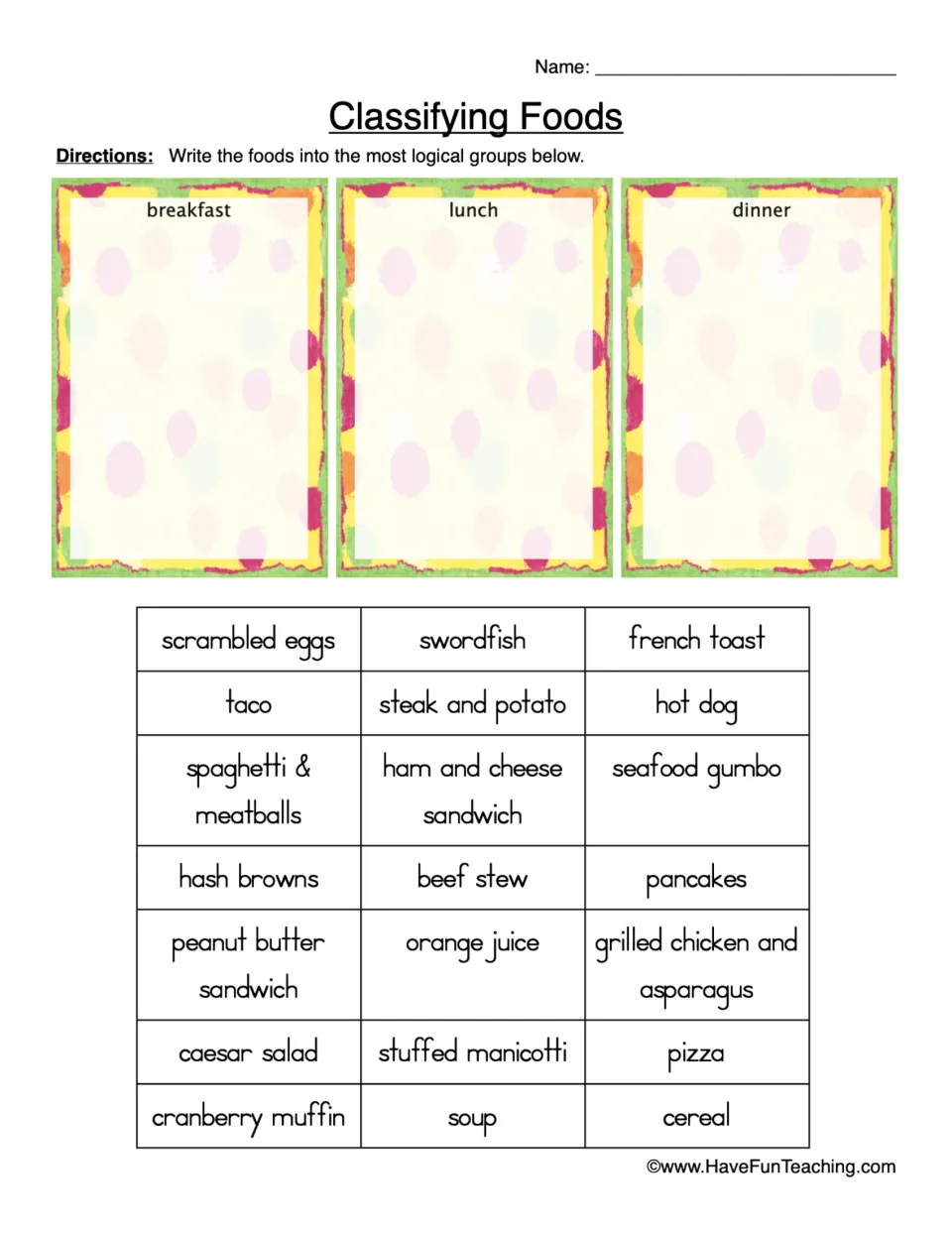 Classifying foods: students write 21 foods such as pancakes, taco and beef stew under breakfast, lunch or dinner