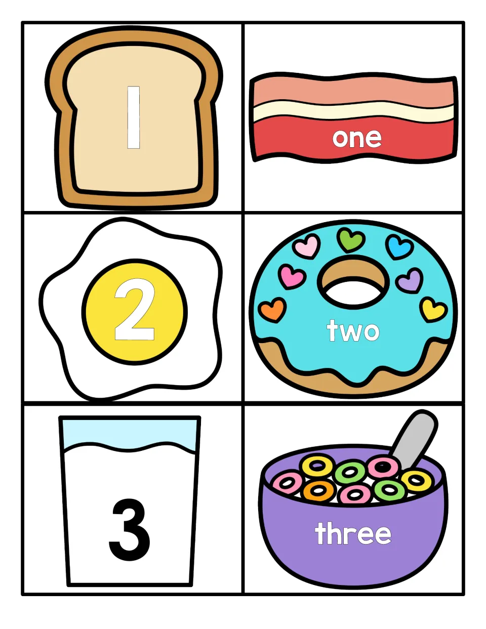 Numbers 1 to 3: numerals on toast, egg and milk cards pair with the words one, two and three on bacon, donut and cereal