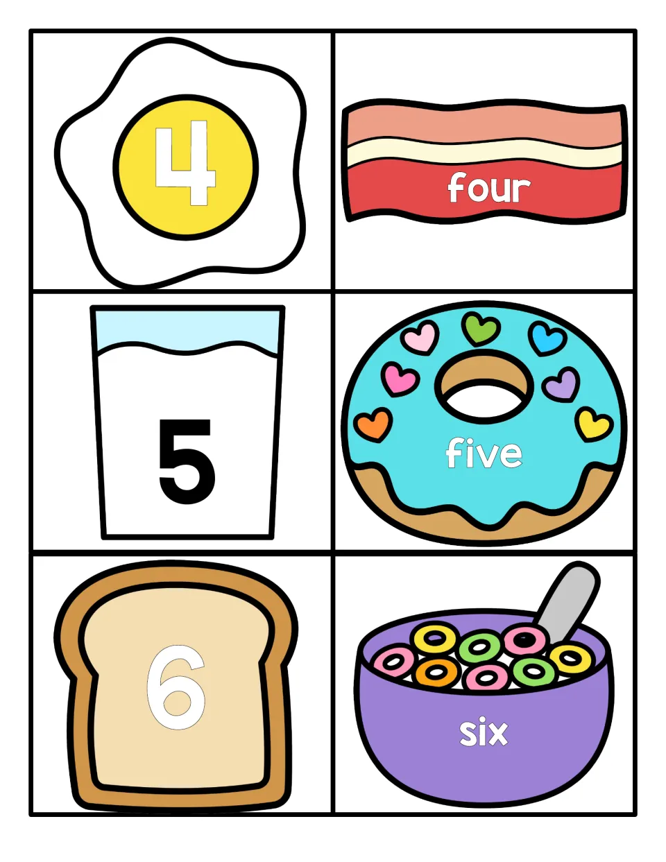 Numbers 4 to 6: students match the numerals 4, 5 and 6 on egg, milk and toast cards to the words four, five and six