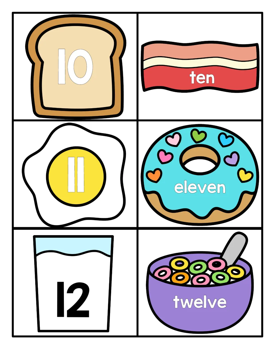 Numbers 10 to 12: match the numerals 10, 11 and 12 on toast, egg and milk to the words ten, eleven and twelve